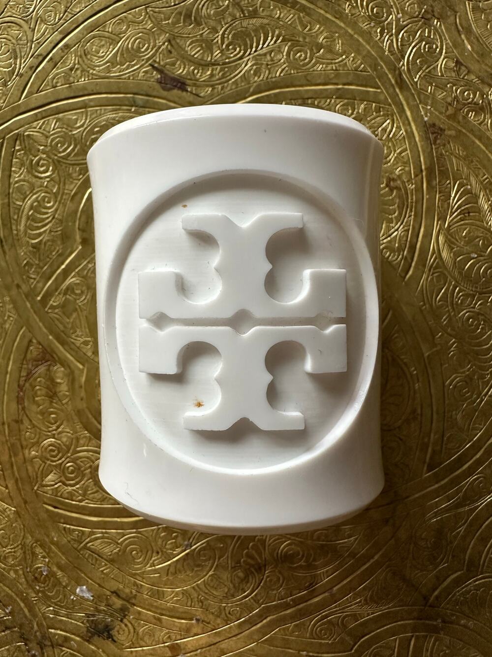 White Tory Burch Acrylic Cuff Bracelet logo lucite wide small